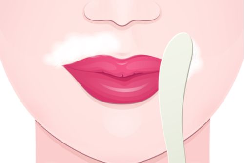 Cartoon of a woman's upper-lip hair being removed with hair removal cream.