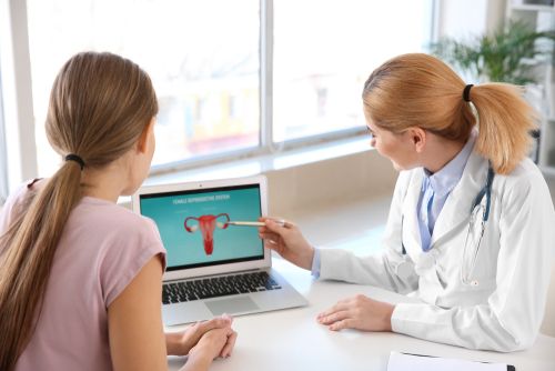 American doctor explaining the ovarian reproductive system to the patient.
